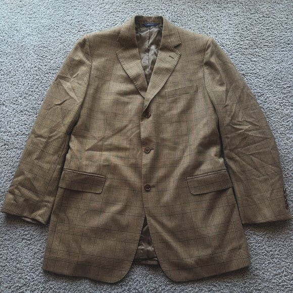 Brooks Brothers 42L Brown Glen Plaid Wool Blazer Made in Italy 3 Butn Sport Coat
